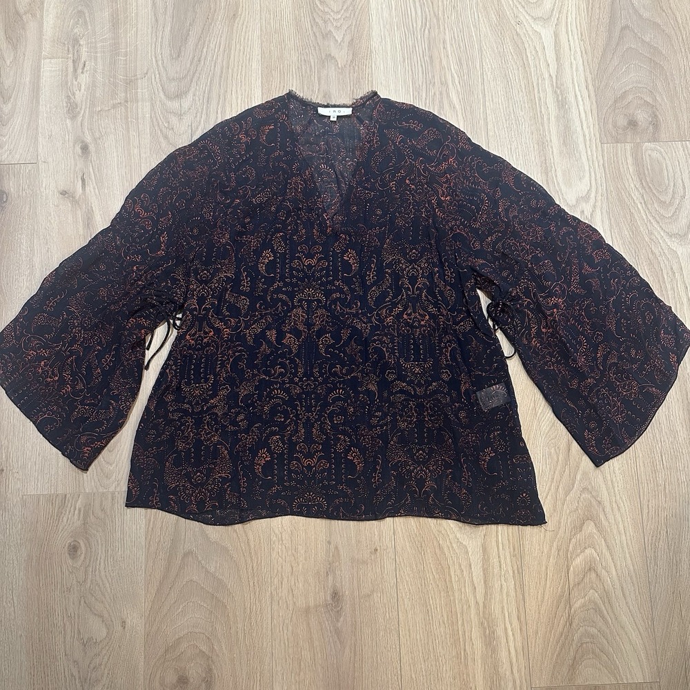 IRO Aga Blouse Top Burgundy Navy Paisley Sz 36 US M Tunic Boho Flare Sleeve